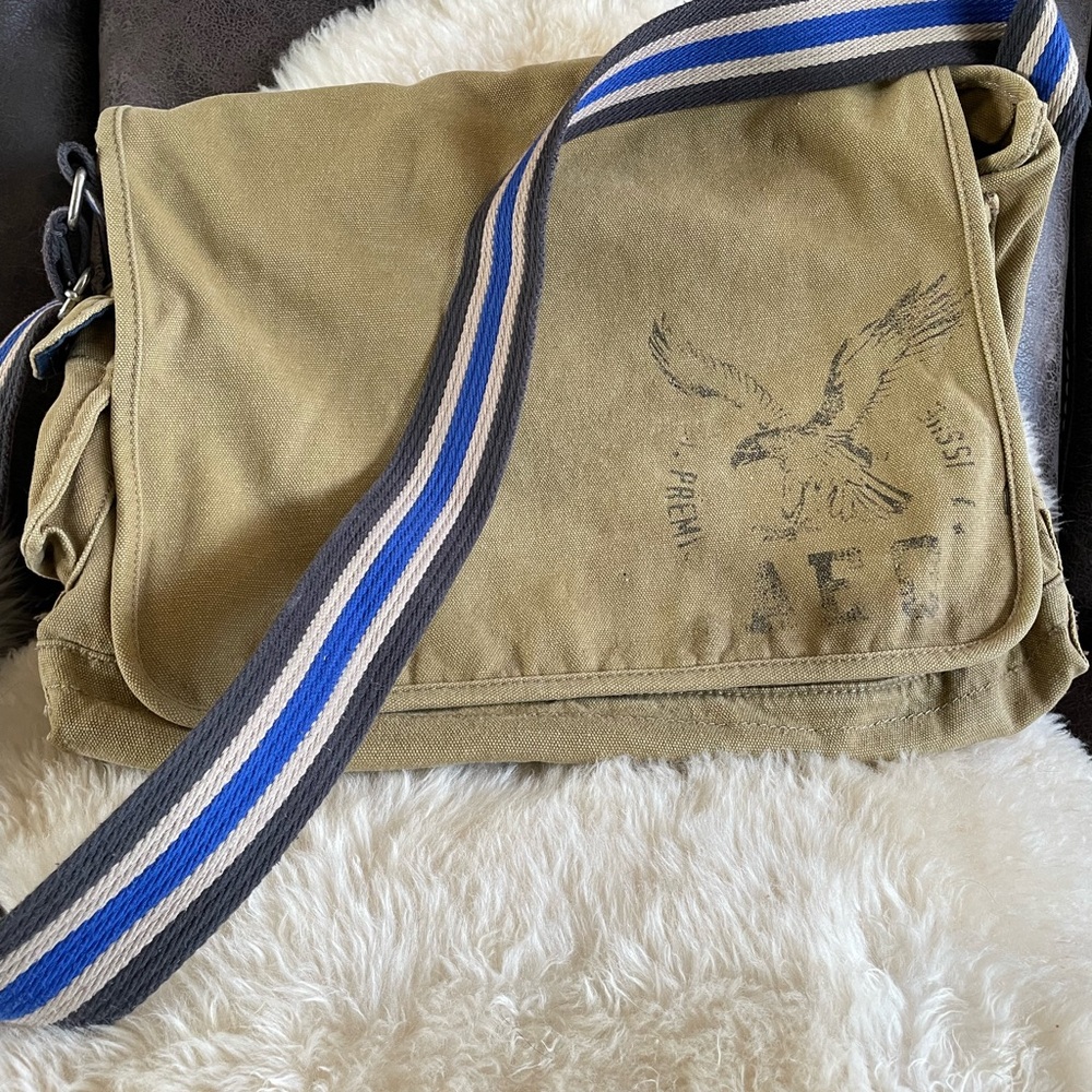 American Eagle  Khaki Messenger Bag with Blue Strap and Inner Computer Case